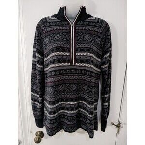 EDDIE BAUER Women Medium Black Burgundy 1/2 Zip Fair Isle Pullover Sweater